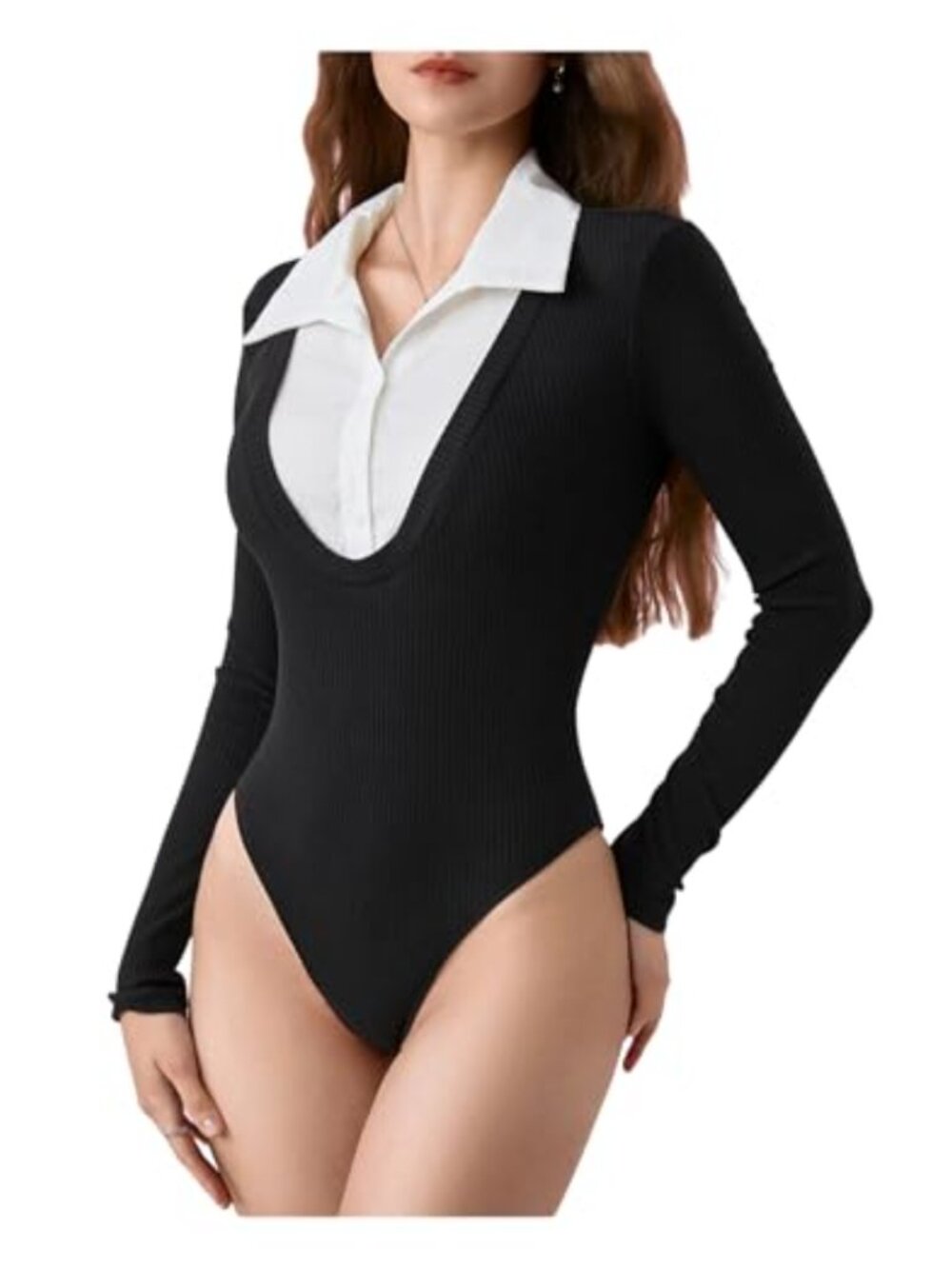 Collared Button Front Knitted Leotard Bodysuit Long Sleeve